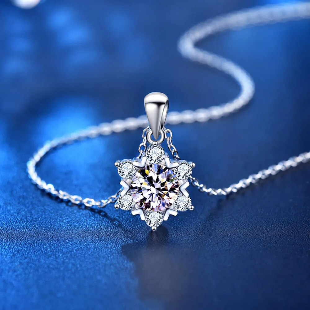 1 Carat Moissanite and Zircon Platinum Plated 925 Sterling Snowflake Pendant Necklace