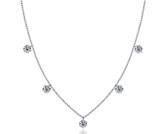 2.5 Carat or 5 Carat Total Moissanite Platinum Plated 925 Sterling Silver 5 Stone Necklace