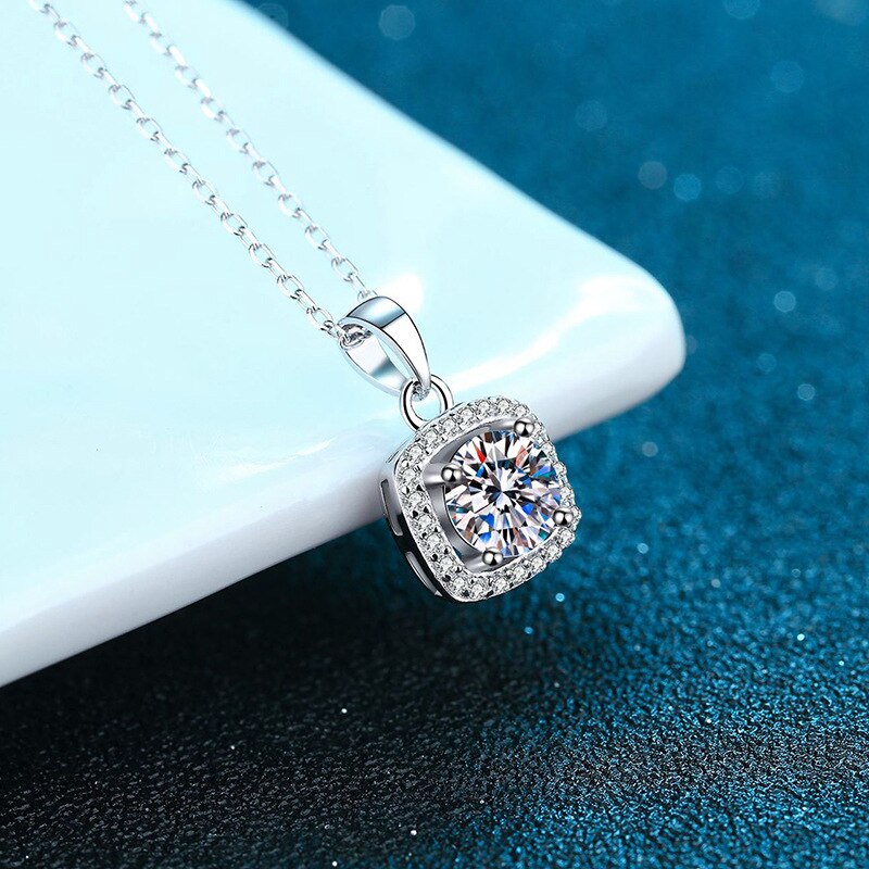 1 Carat or 2 Carat Moissanite and Zircon Platinum Plated 925 Sterling Silver Pendant Necklace