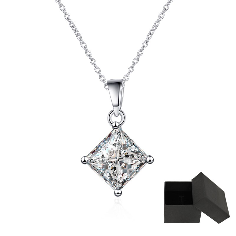 1 Carat or 2 Carat Princess Cut Moissanite Platinum Plated 925 Sterling Silver Pendant Necklace