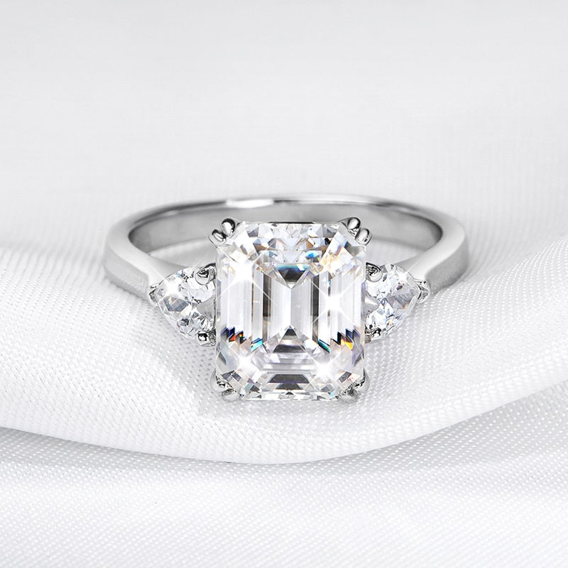 4 Carat Emerald Cut Moissanite and Zircon Platinum Plated 925 Sterling Silver Ring