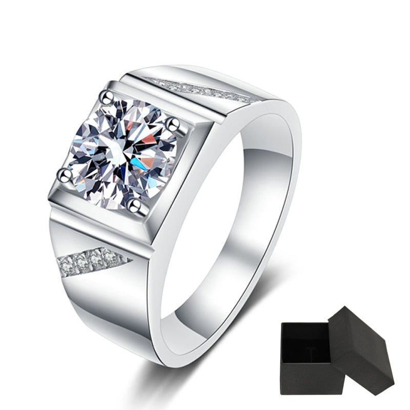 1 Carat or 2 Carat Moissanite D Color VVS1 Round Brilliant Cut Platinum Plated 925 Sterling Silver Men's Ring