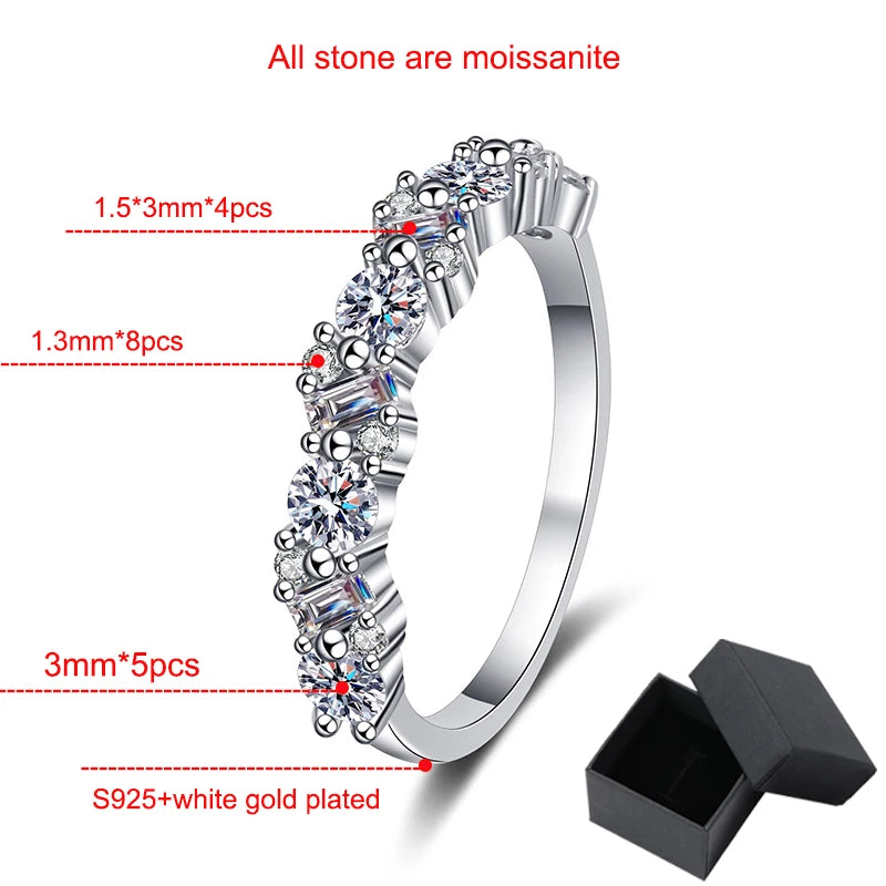 0.9 Carat Total Emerald and Round Cut Moissanite Rhodium Plated 925 Sterling Silver Band