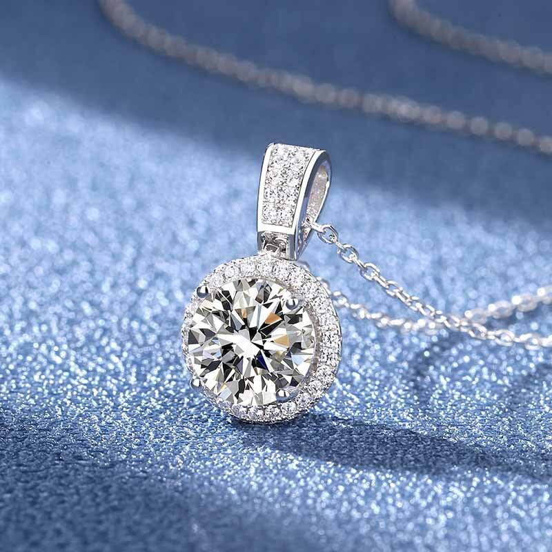 1 Carat or 2 Carats D Color VVS1 Moissanite and Zircon Accent Platinum Plated 925 Sterling Silver Pendant Necklace