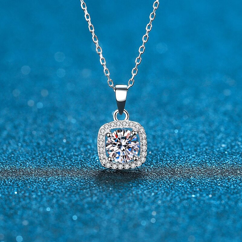 1 Carat or 2 Carat Moissanite and Zircon Platinum Plated 925 Sterling Silver Pendant Necklace