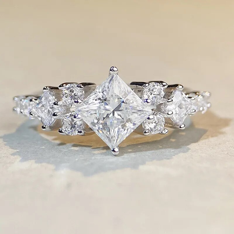 1.2 Carat Princess Cut Moissanite and Zircon Platinum Plated 925 Sterling Silver Ring