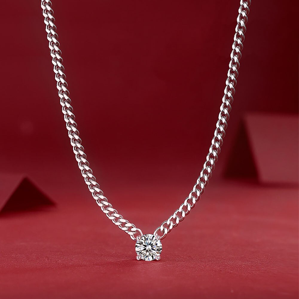 1 Carat Moissanite 18K White Gold Plated 925 Sterling Silver Cuban Chain Necklace