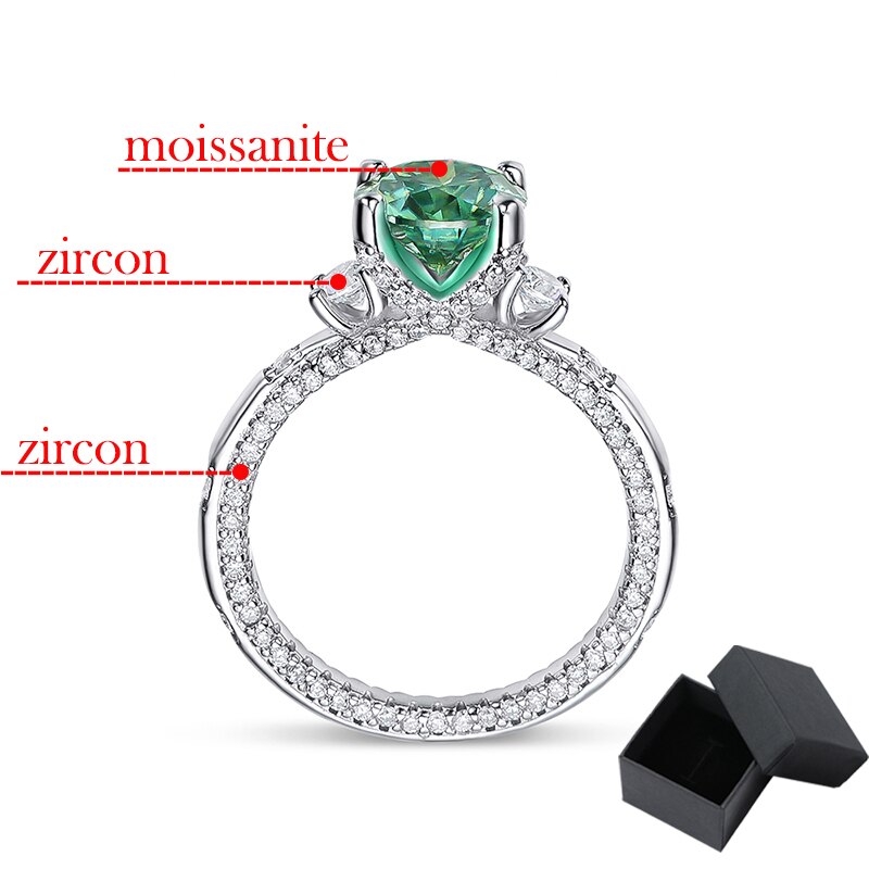2 Carat Green, Red or White Moissanite and Zircon Accent Platinum Plated 925 Sterling Ring