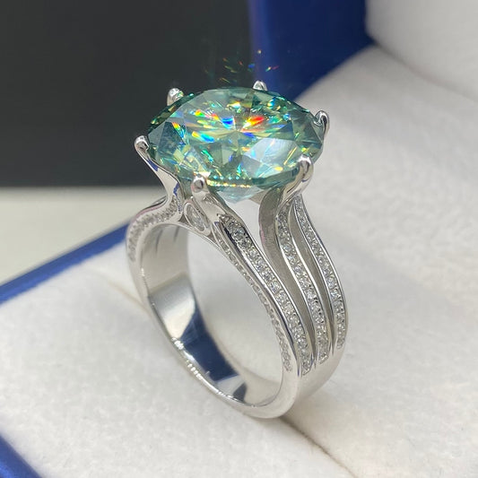 10 Carat Green D Color VVS1 Moissanite and Zircon Accent Platinum Plated 925 Sterling Silver Ring