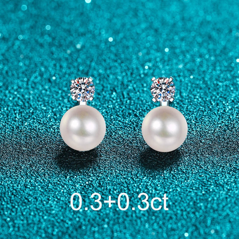 0.6 Carat Total Moissanite D Color VVS1 and Freshwater Pearl Platinum Plated 925 Sterling Stud Earrings