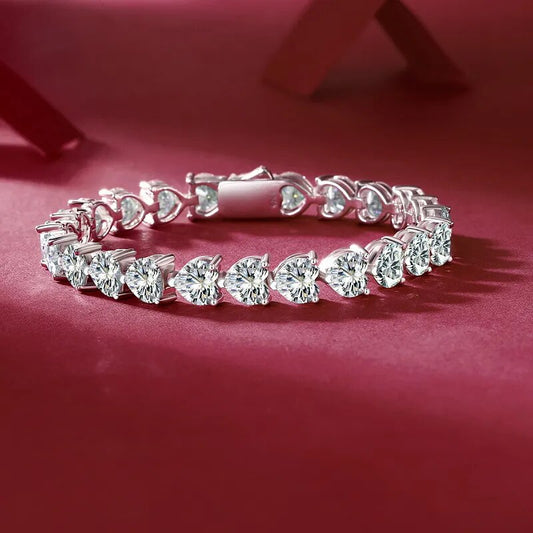 24 Carats Total Full Heart Cut Moissanite Platinum Plated 925 Sterling Silver Heart Bracelet