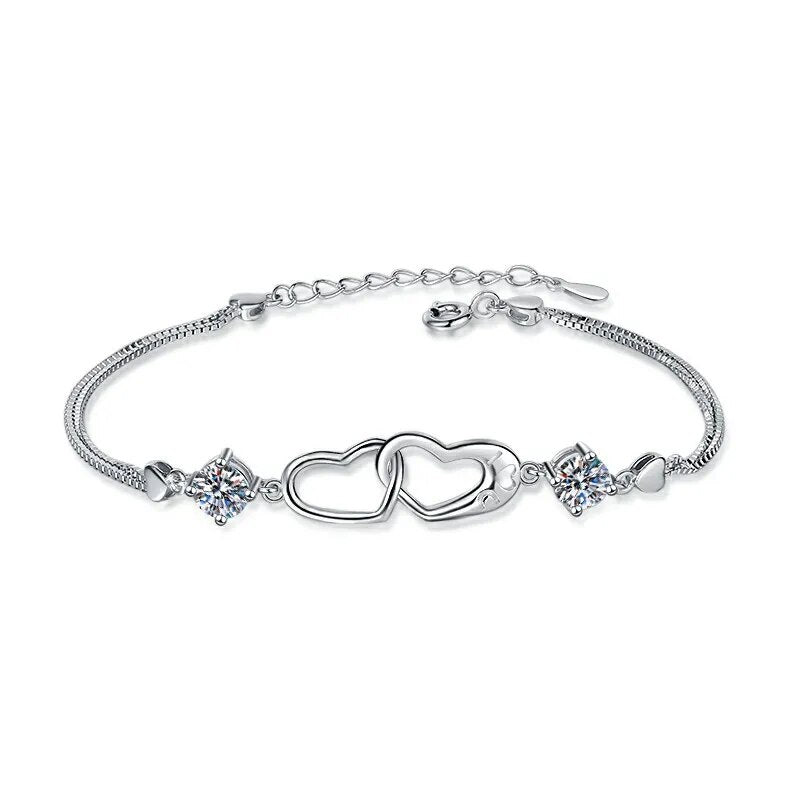 1 Carat Total Moissanite Platinum Plated 925 Sterling Silver Heart Bracelet
