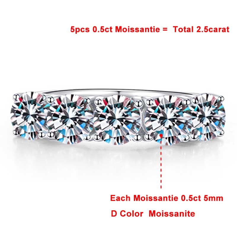 2.5 Carats or 5 Carats Total Moissanite D Color VVS1 18K Gold Plated 925 Sterling 5 Stone Anniversary Band/Ring