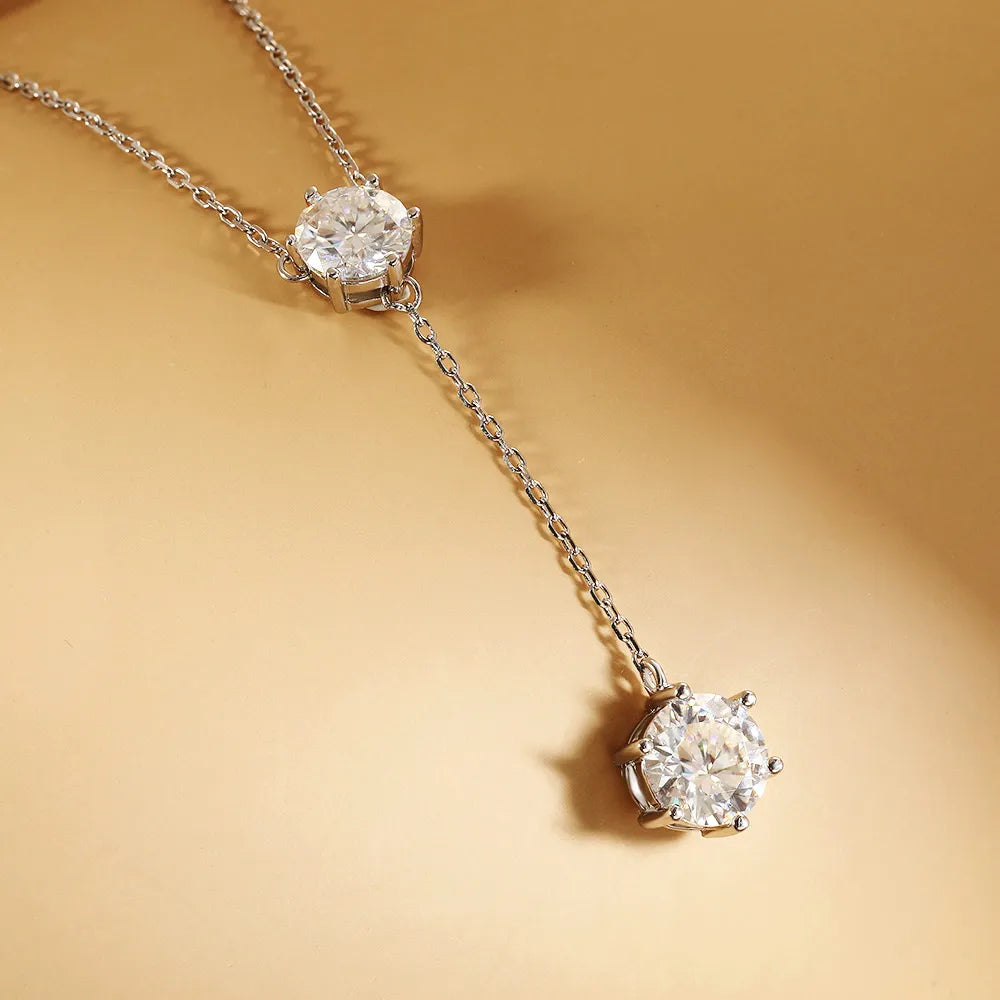3 Carat Total or 5 Carat Total Moissanite Platinum Plated 925 Sterling Silver 2 Stone Necklace