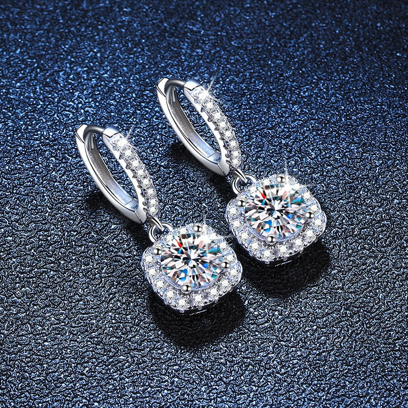 1 Carat to 4 Carats Total Moissanite and White Zircon Accent D Color VVS1 18K White Gold Plated 925 Sterling Silver Drop Earrings