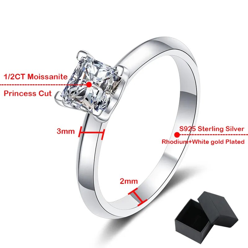 1 Carat to 2 Carat Princess Cut Moissanite Rhodium and 18K Gold Plated Solitaire Ring