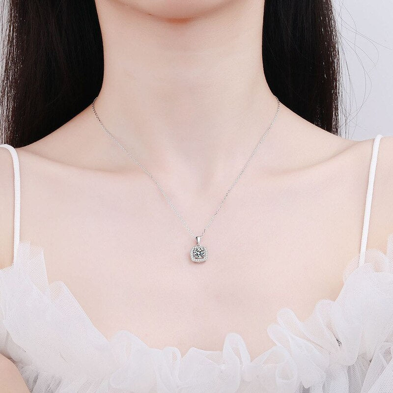 1 Carat or 2 Carat Moissanite and Zircon Platinum Plated 925 Sterling Silver Pendant Necklace