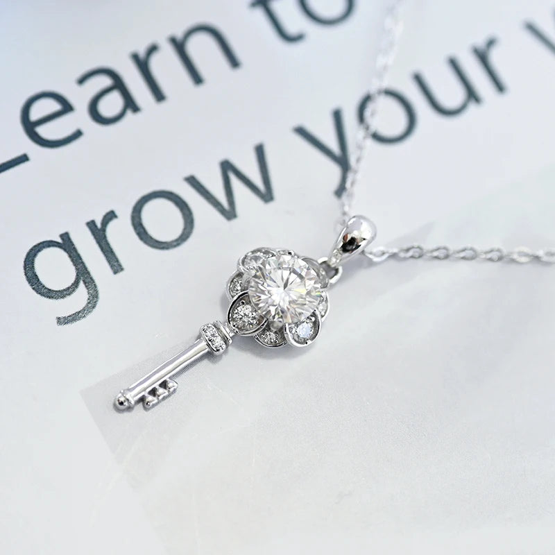 1 Carat Moissanite and Zircon Platinum Plated 925 Sterling Silver Key Pendant Necklace