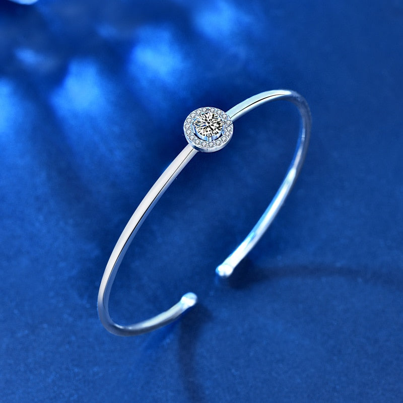 1 Carat Moissanite and Zircon Platinum Plated 925 Sterling Adjustable Bangle Bracelet
