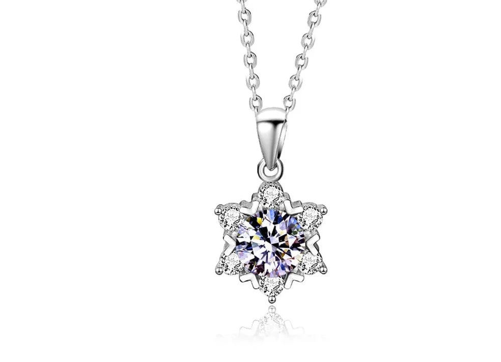 1 Carat Moissanite and Zircon Platinum Plated 925 Sterling Snowflake Pendant Necklace