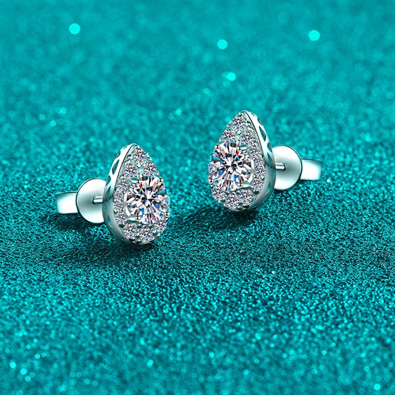 1 Carat Total Moissanite and Zircon Platinum Plated Pear Shaped Stud Earrings