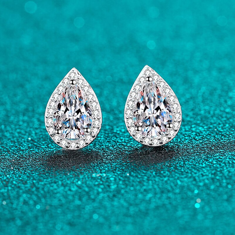 2 Carat Total Pear Shaped Moissanite and Zircon Platinum Plated 925 Sterling Stud Earrings