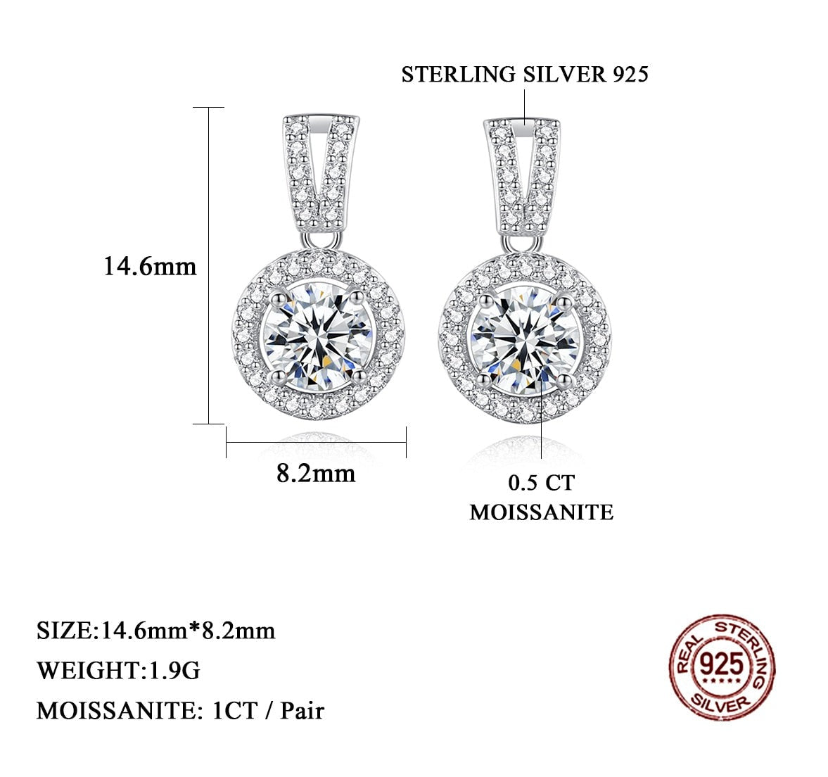 1 Carat Total Moissanite and Zircon Accent Platinum Plated 925 Sterling Silver Earrings