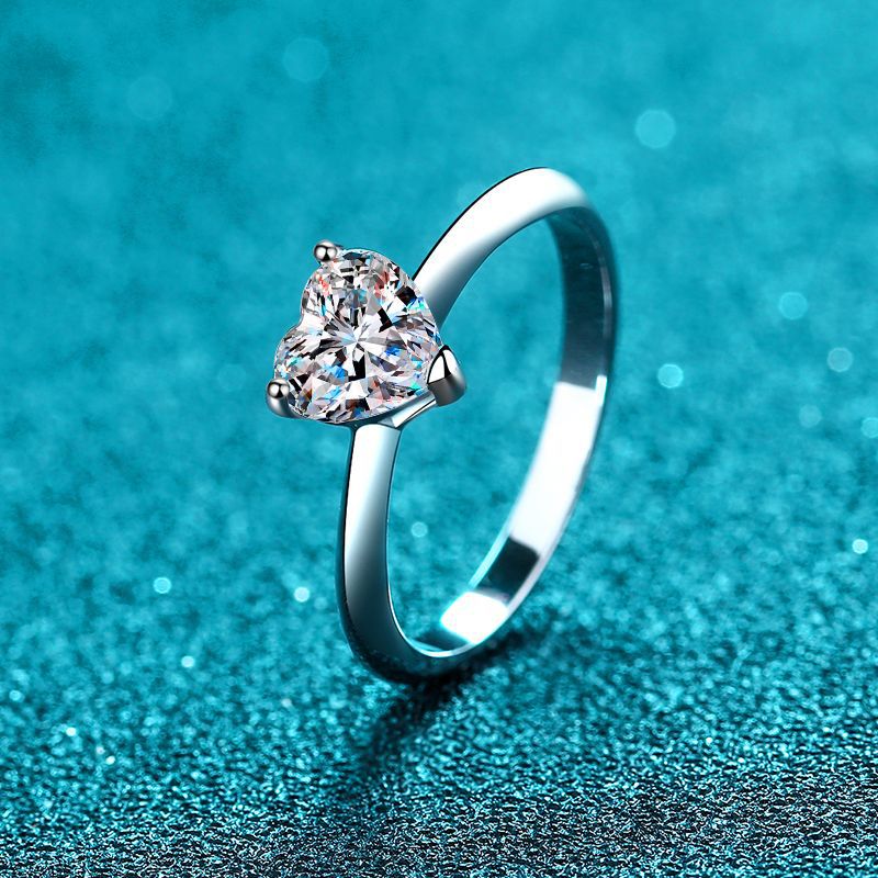 1 Carat or 2 Carat Heart Shaped Moissanite Platinum Plated 925 Sterling Silver Solitaire Ring