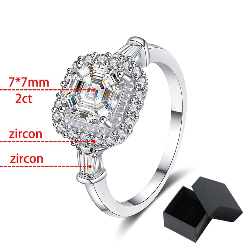 2 Carat Asscher Cut Moissanite and Zircon Accent 18K Gold Plated 925 Sterling Ring