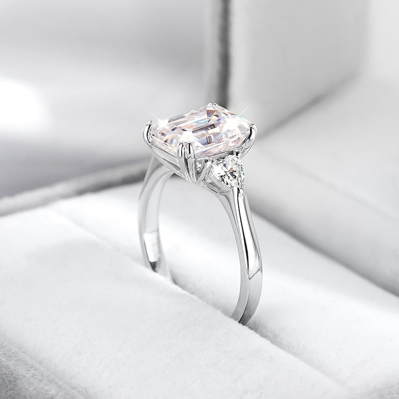 4 Carat Emerald Cut Moissanite and Zircon Platinum Plated 925 Sterling Silver Ring