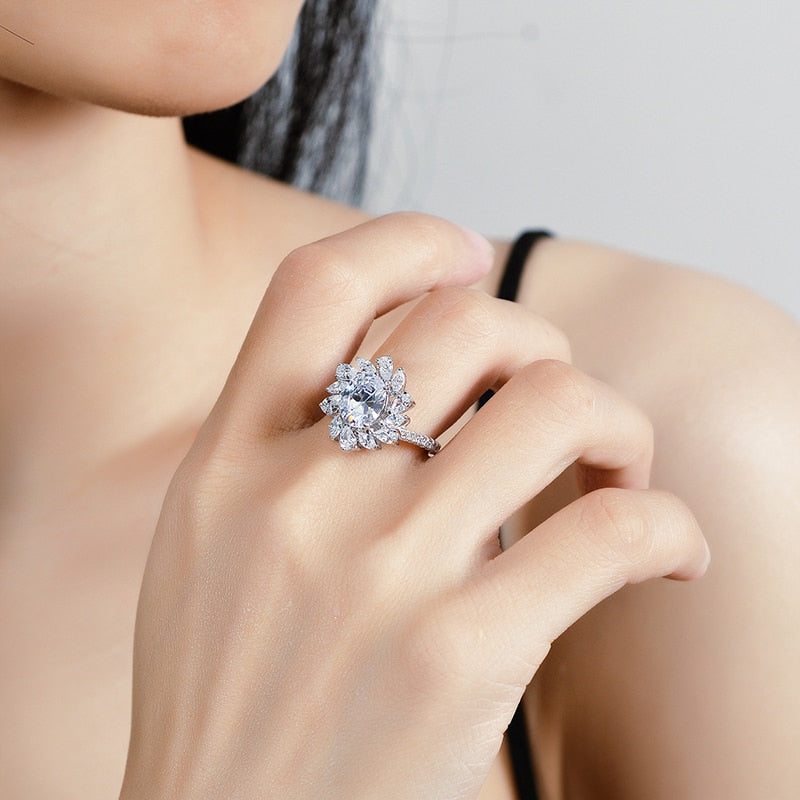 2 Carat Oval Cut Moissanite and Zircon Platinum Plated 925 Sterling Silver Cocktail/Engagement Ring 3 Colors