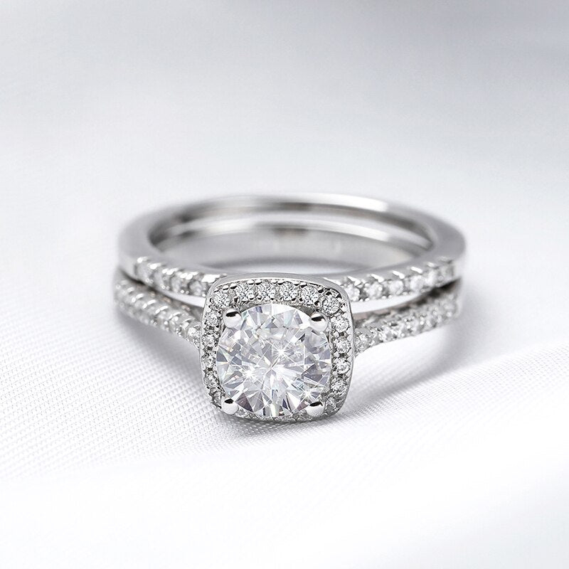 1 Carat Moissanite and Zircon Platinum Plated 925 Sterling Silver Bridal 2 Piece Set