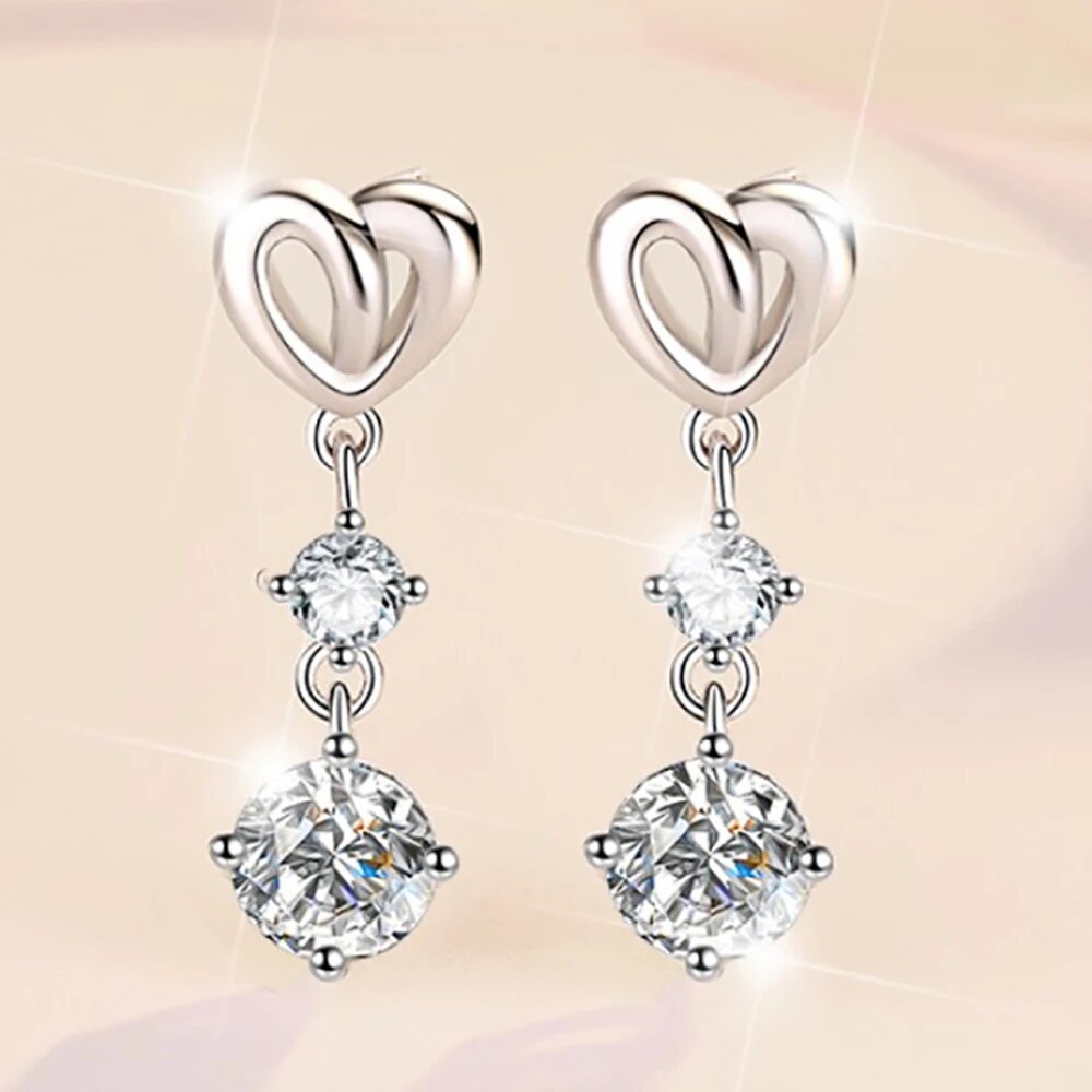 1.2 Carat Total or 2.2 Carat Total Moissanite Platinum Plated 925 Sterling Heart Drop Earrings