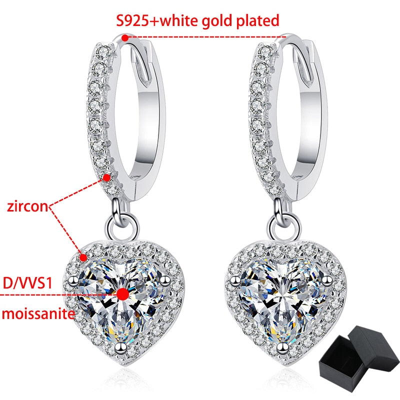 2 Carat Total Moissanite and Zircon 18K White Gold Plated 925 Sterling Silver Heart Drop Earrings