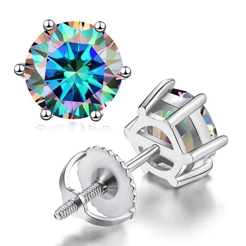 2 Carats or 4 Carats Total Colorful Moissanite Platinum Plated 925 Sterling Stud Earrings