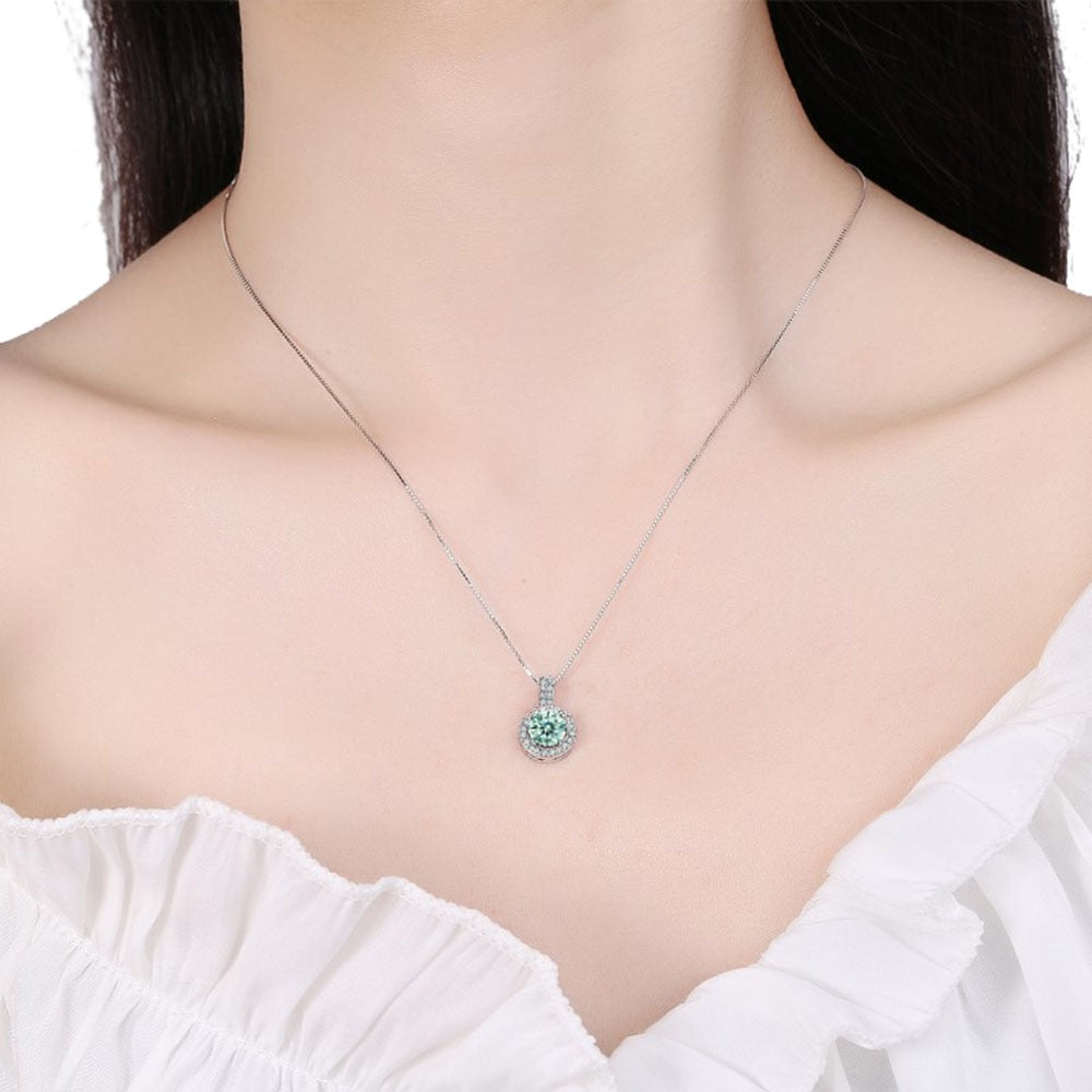 1 Carat or 2 Carat Green Moissanite and Zircon Accent D Color VVS1 Platinum Plated 925 Sterling Silver Pendant Necklace