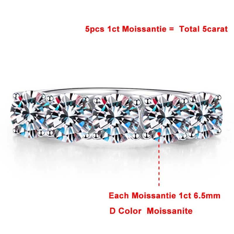 2.5 Carats or 5 Carats Total Moissanite D Color VVS1 18K Gold Plated 925 Sterling 5 Stone Anniversary Band/Ring