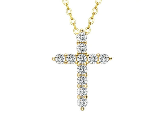 1.1 Carat Total Moissanite 18K Yellow or Rose Gold Plated 925 Sterling Cross Pendant Necklace