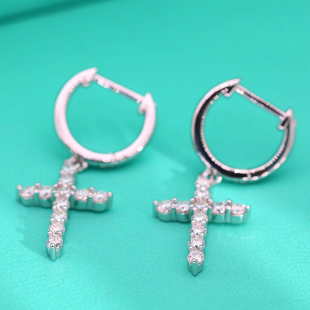 0.66 Carat Total Moissanite Platinum Plated 925 Sterling Silver Cross Drop Earrings