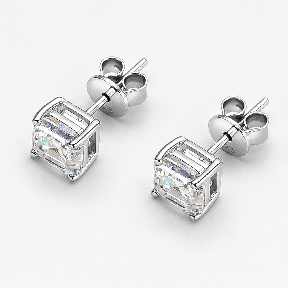 2 Carat Total Asscher Cut Moissanite Platinum Plated 925 Sterling Silver Stud Earrings