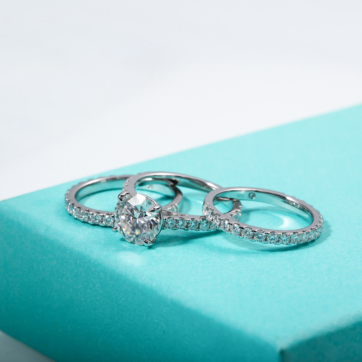 4.75 Carat Total D Color VVS1 Moissanite Triple Plated* 925 Sterling Silver 3 Piece Set Bridal Set