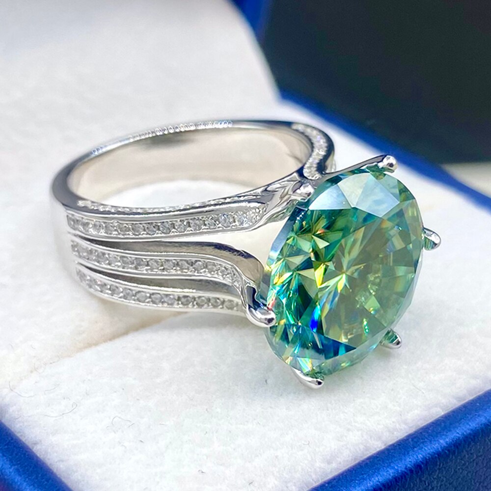 10 Carat Green D Color VVS1 Moissanite and Zircon Accent Platinum Plated 925 Sterling Silver Ring