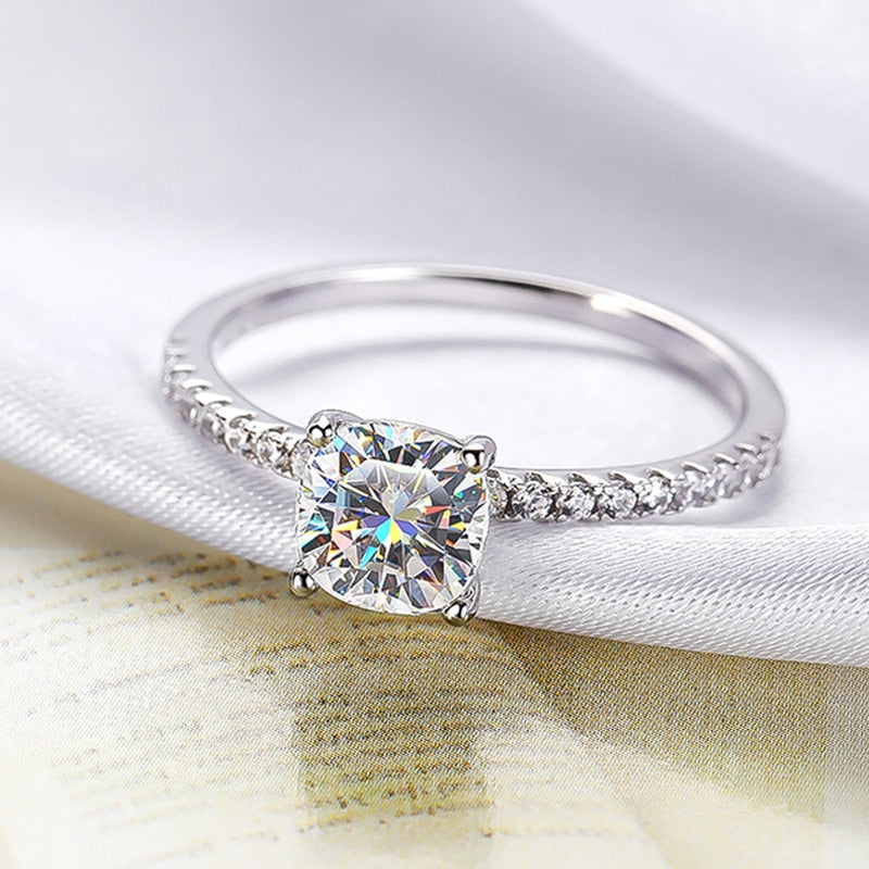 1 Carat to 3 Carats Cushion Cut Moissanite and Zircon 18K Gold Plated 925 Sterling Silver Ring