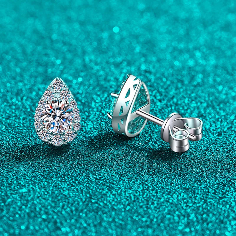 1 Carat Total Moissanite and Zircon Platinum Plated Pear Shaped Stud Earrings