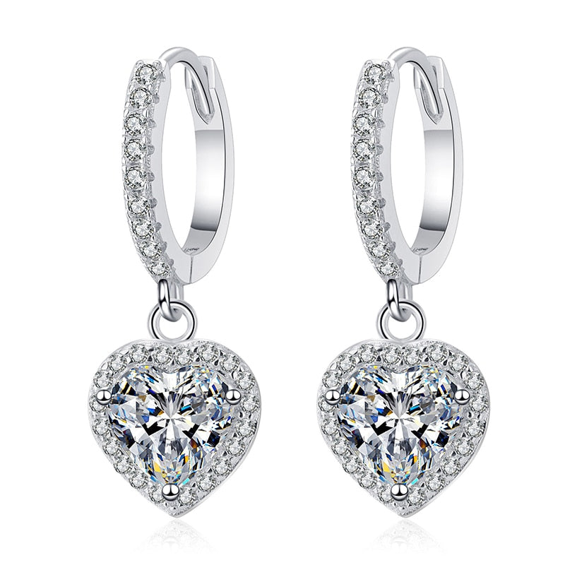 2 Carat Total Moissanite and Zircon 18K White Gold Plated 925 Sterling Silver Heart Drop Earrings