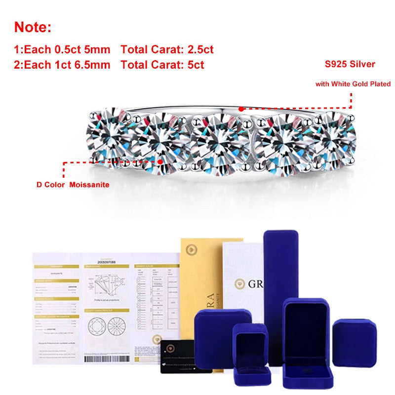 2.5 Carats or 5 Carats Total Moissanite D Color VVS1 18K Gold Plated 925 Sterling 5 Stone Anniversary Band/Ring