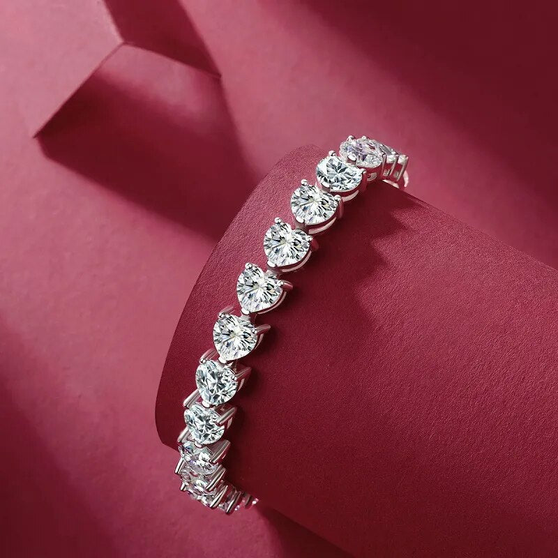 24 Carats Total Full Heart Cut Moissanite Platinum Plated 925 Sterling Silver Heart Bracelet