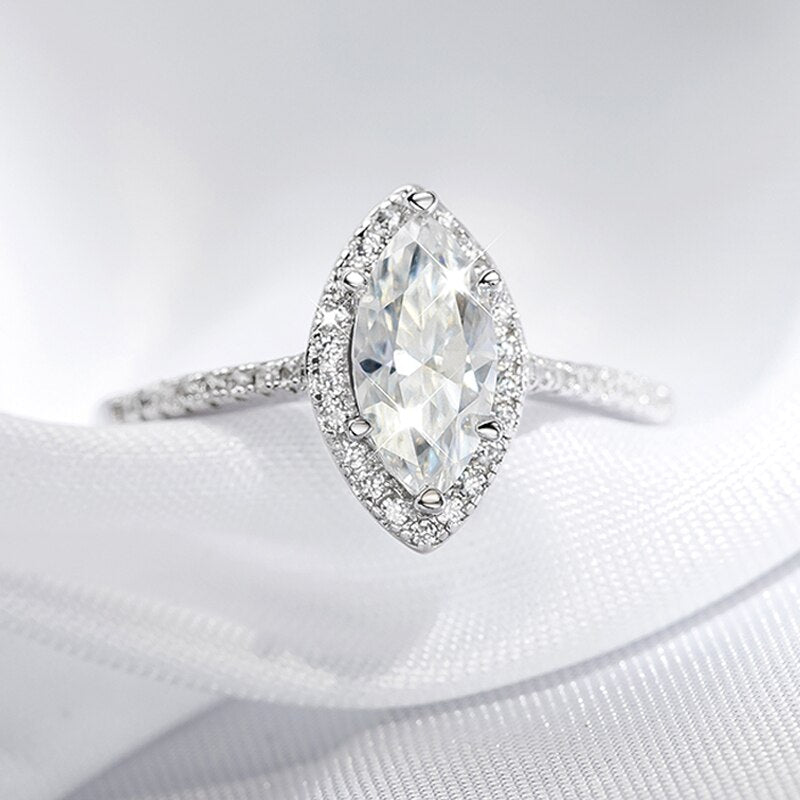 1 Carat Marquise Cut Moissanite and Zircon Accent Platinum Plated 925 Sterling Silver Ring