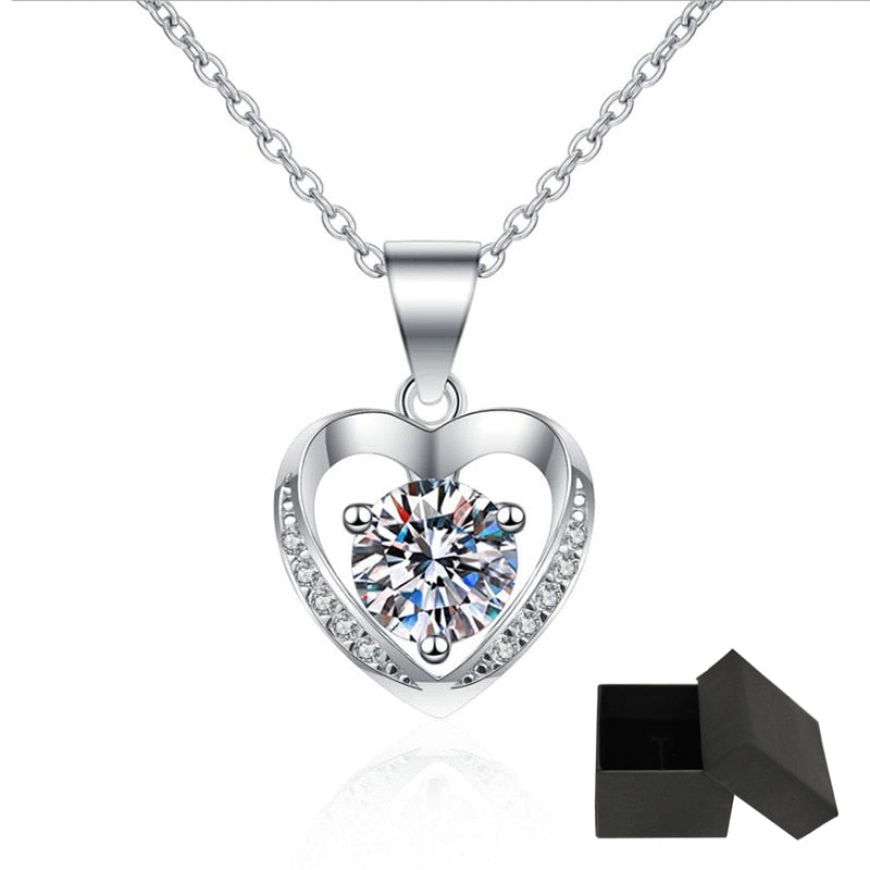 1 Carat Moissanite and Zircon Platinum Plated 925 Sterling Heart Pendant Necklace