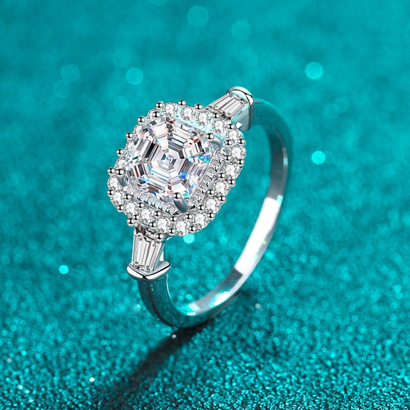 2 Carat Asscher Cut Moissanite and Zircon Accent 18K Gold Plated 925 Sterling Ring